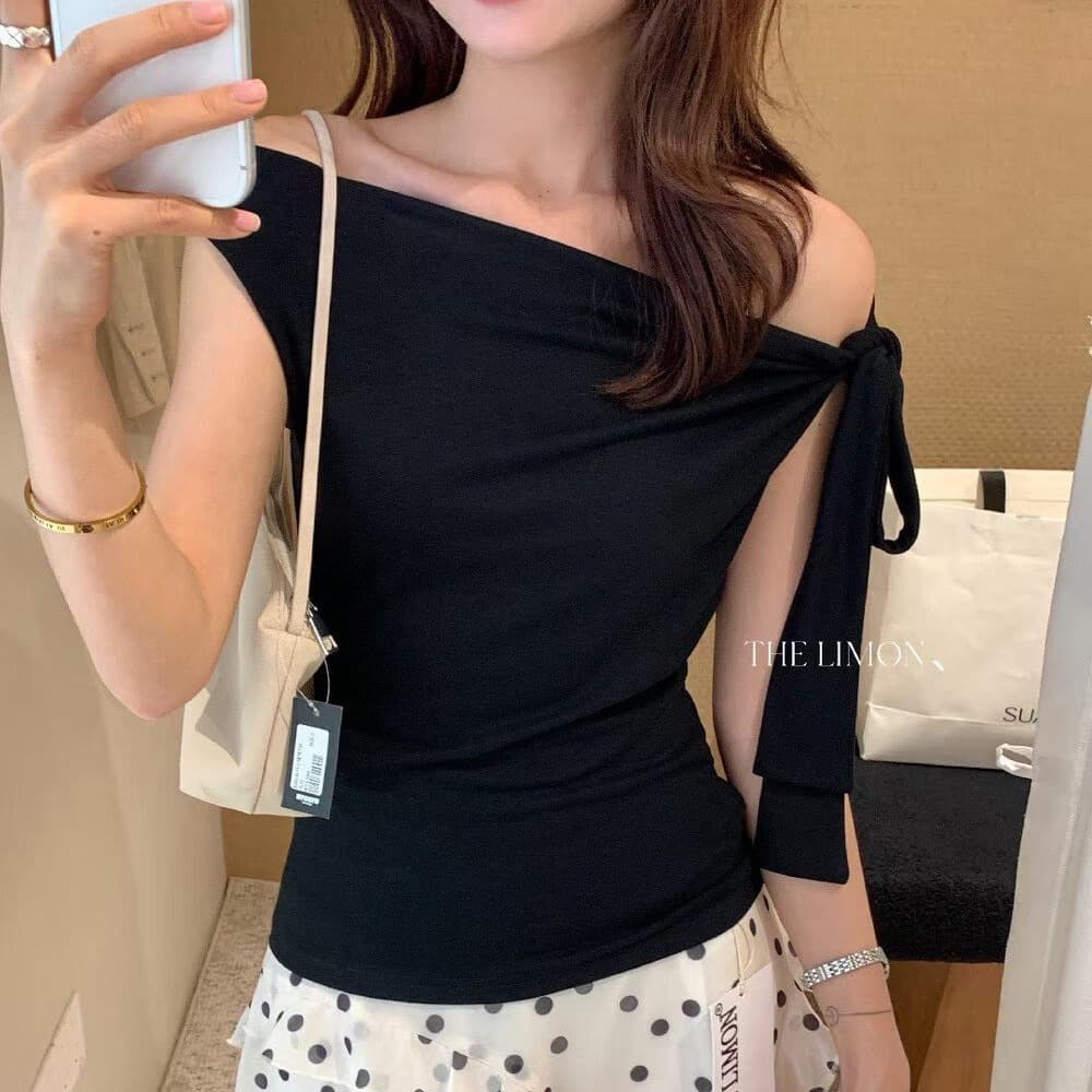 순수한 욕망 바람 나비 매듭 일방적 인 스트랩 오프숄더 티셔츠 여성 핫걸 디자인 센스 몸매 가꾸기 슬림해 보이는 반팔 맨위 이미지 5