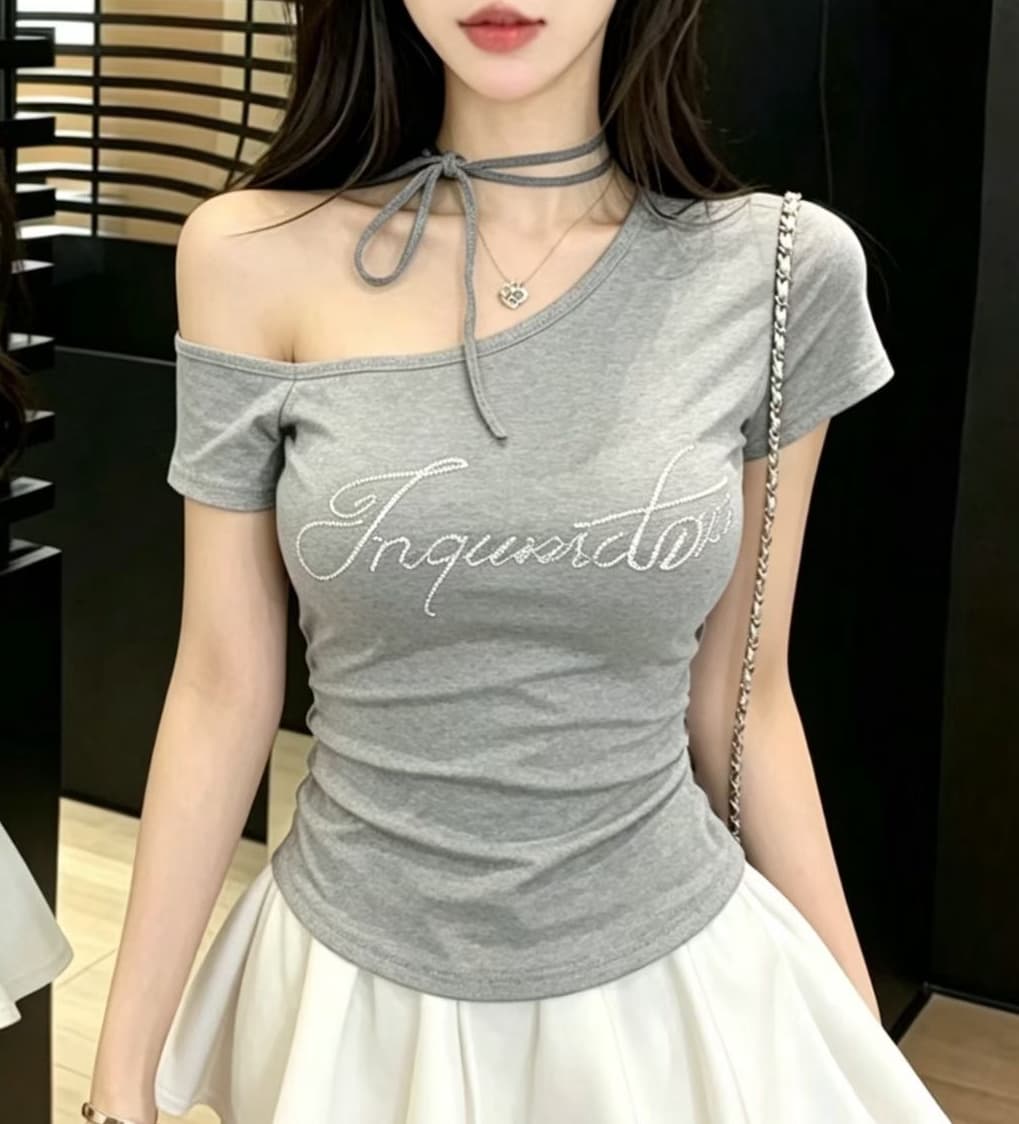 순수한 욕망 바람 비스듬한 어깨 핫픽스 알파벳 오프숄더 스트랩 반팔 여성 의류 여름 달콤함 디자인 센스 몸매 가꾸기 쇼트 스타일 맨위 상세 이미지 6