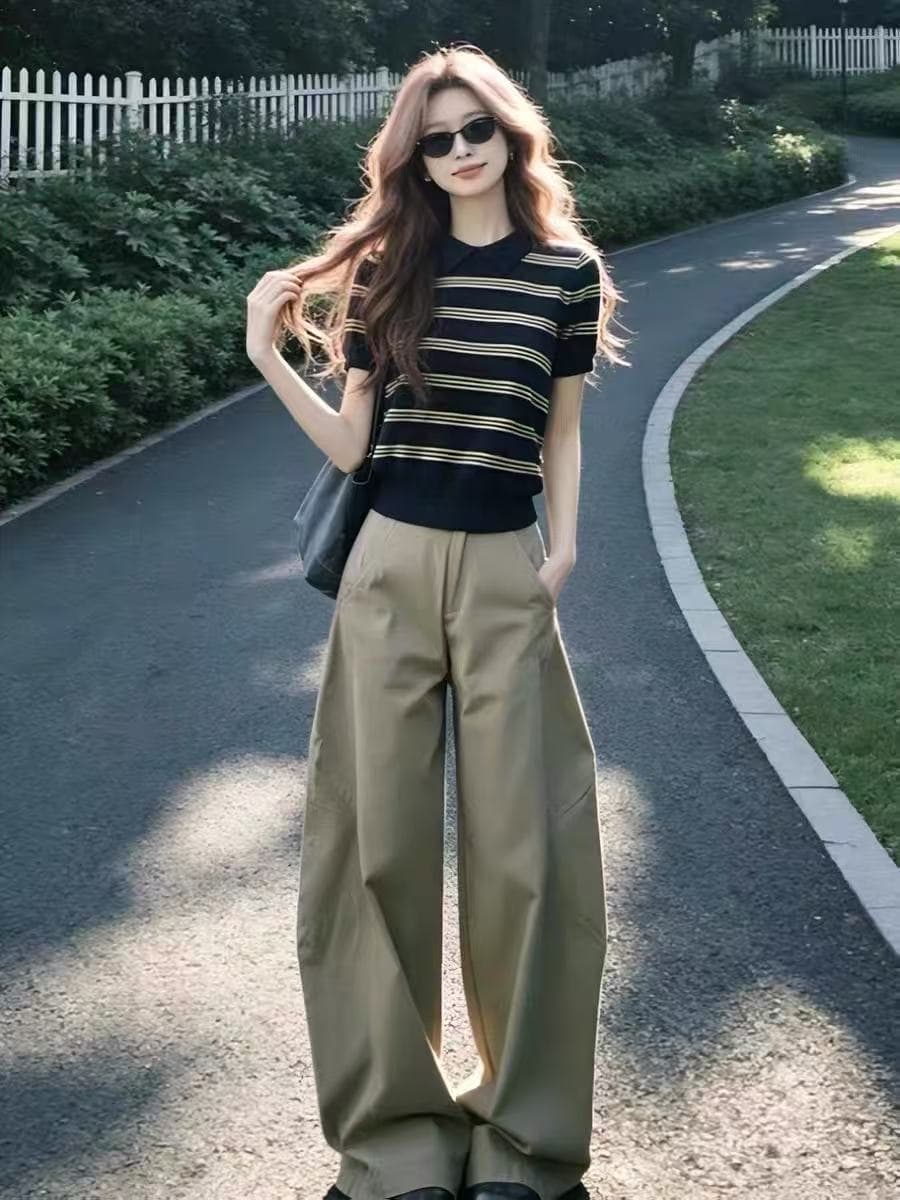 배색 스트라이프 POLO 셔츠 반팔 티셔츠 여성 2026 새로운 여름 얼음 실크 니트 폴로 칼라 디자인 센스 맨위
