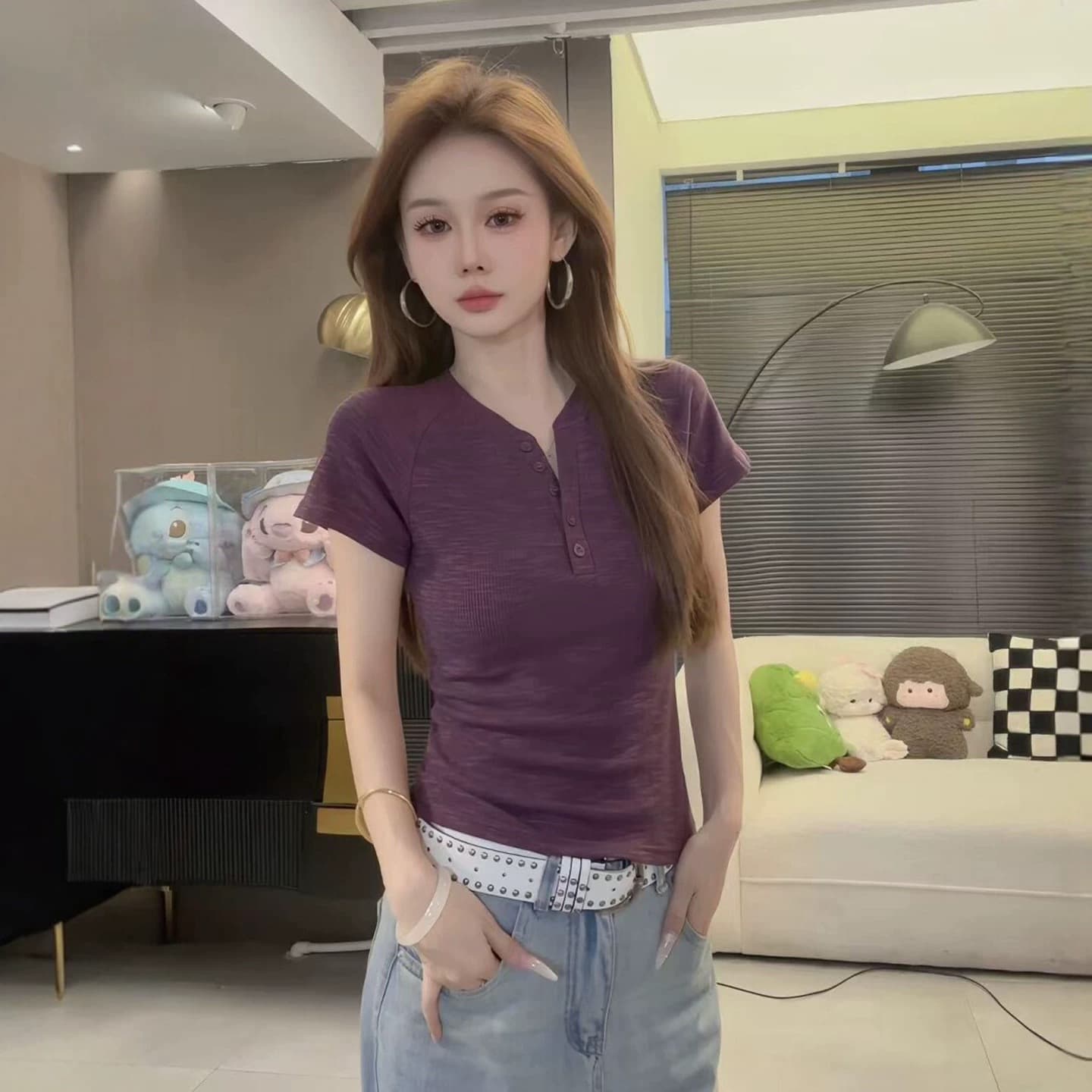 2026 여름 신제품 빛 럭셔리 바람 반 개방 칼라 반팔 티셔츠 여성 녹색 루즈핏 슬림해 보이는 단추 장식 맨위 상세 이미지 3