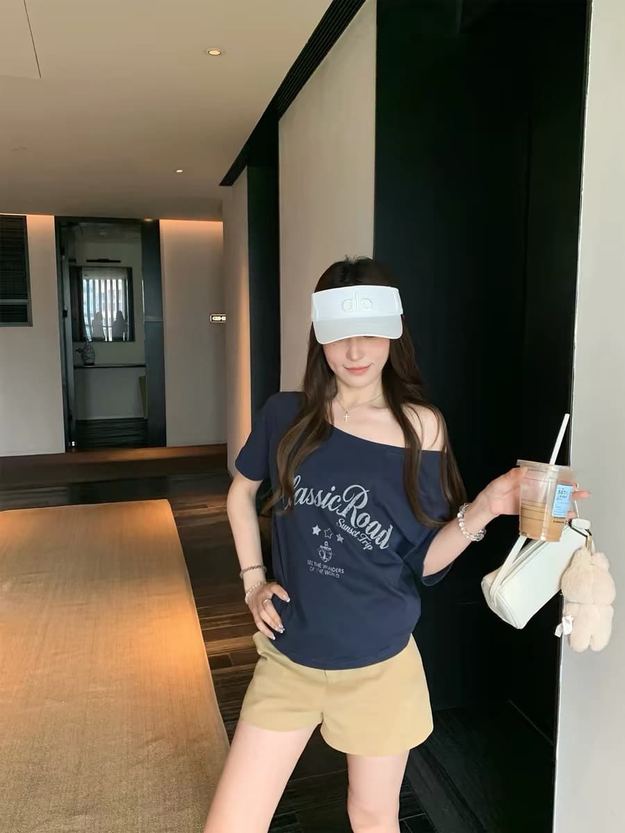 한 부서 레트로 알파벳 프린트 비스듬한 어깨 반팔 티셔츠 여성 여름 루즈핏 느긋한 순수한 욕망 다용도 맨위 상세 이미지 4