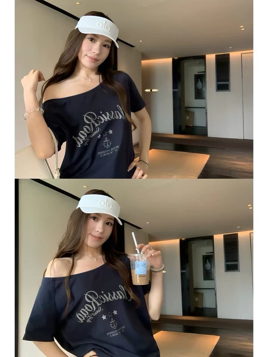 한 부서 레트로 알파벳 프린트 비스듬한 어깨 반팔 티셔츠 여성 여름 루즈핏 느긋한 순수한 욕망 다용도 맨위 상세 이미지 5