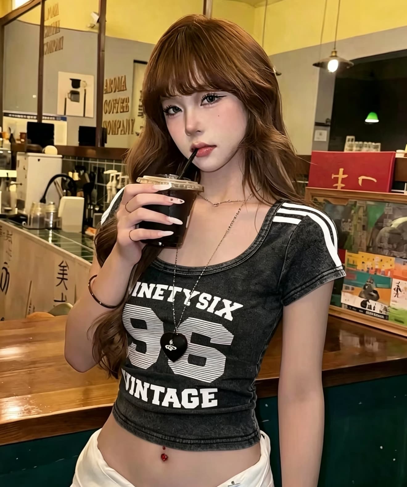 아메리칸 핫걸 레트로 세련된 여름 티셔츠 알파벳 비스듬한 어깨 불규칙 몸매 가꾸기 슬림해 보이는 오프숄더 디자인 센스 작은 셔츠 이미지 3