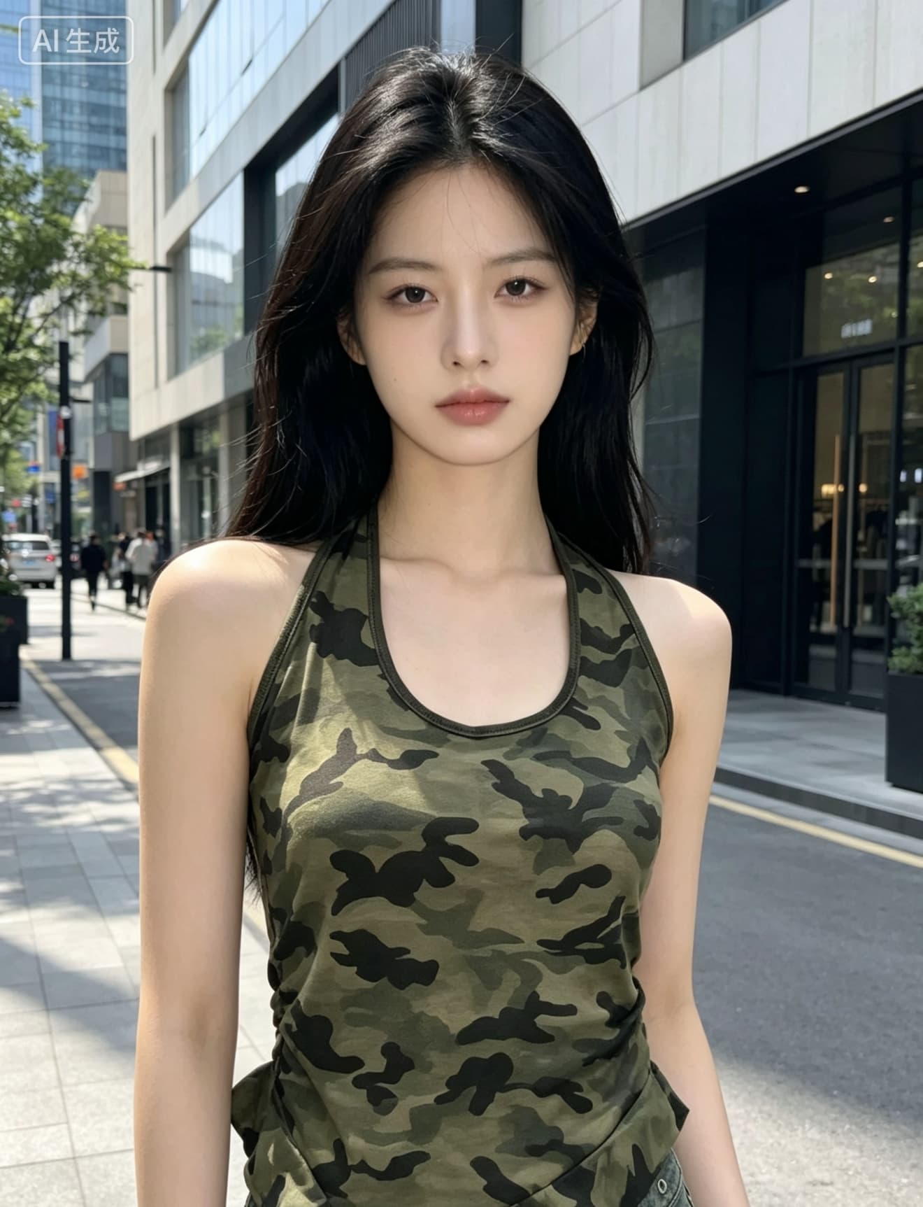 핫걸 카모플라주 u 칼라 행침 목 캐미솔 여름 유럽과 미국 ins 바람 몸매 가꾸기 표지 대리인 우유 단어 조끼 상세 이미지 4