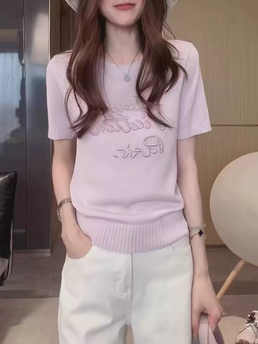 한 부서 chic 부드러운 라운드 넥 알파벳 자수 반팔 티셔츠 여성 여름 새로운 연령 감소 슬림해 보이는 니트 스웨터 맨위 상세 이미지 2