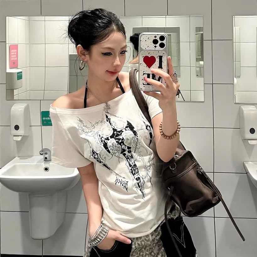 아메리칸 형제 특별 바람 비스듬한 어깨 반팔 티셔츠 여성 여름 핫걸 y2k 오프숄더 슬림해 보이는 캐주얼 짧은 맨위 여성 상세 이미지 1