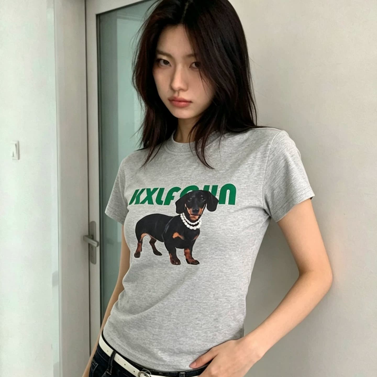 진주 목걸이 닥스 훈트 재미있는 프린트 아메리칸 레트로 남녀 반팔 라운드 넥 티셔츠 이미지 5