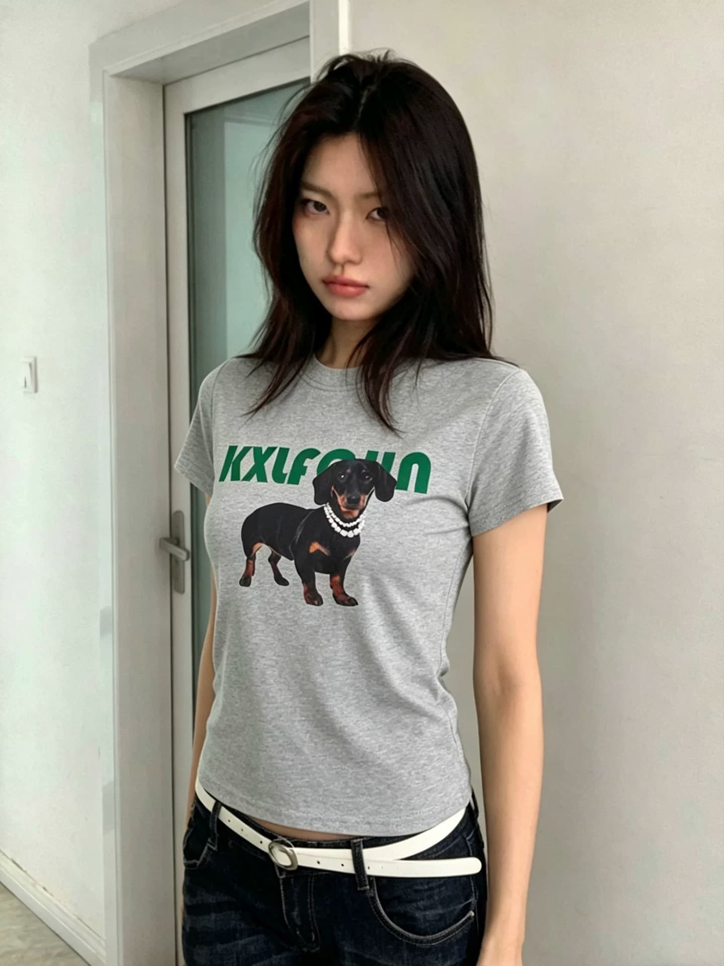 진주 목걸이 닥스 훈트 재미있는 프린트 아메리칸 레트로 남녀 반팔 라운드 넥 티셔츠 상세 이미지 1
