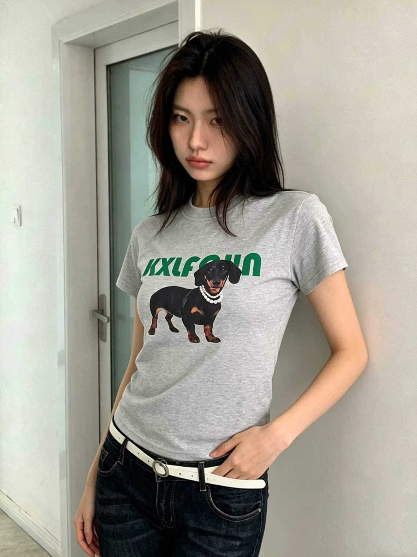 진주 목걸이 닥스 훈트 재미있는 프린트 아메리칸 레트로 남녀 반팔 라운드 넥 티셔츠 상세 이미지 2