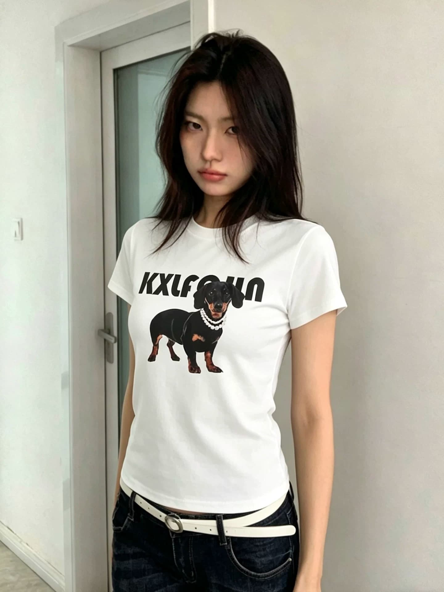 진주 목걸이 닥스 훈트 재미있는 프린트 아메리칸 레트로 남녀 반팔 라운드 넥 티셔츠 상세 이미지 3