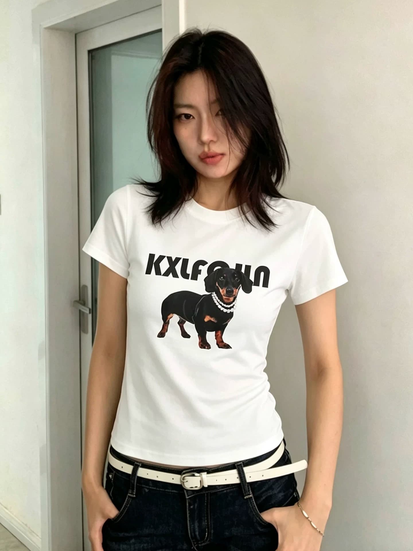 진주 목걸이 닥스 훈트 재미있는 프린트 아메리칸 레트로 남녀 반팔 라운드 넥 티셔츠 상세 이미지 4