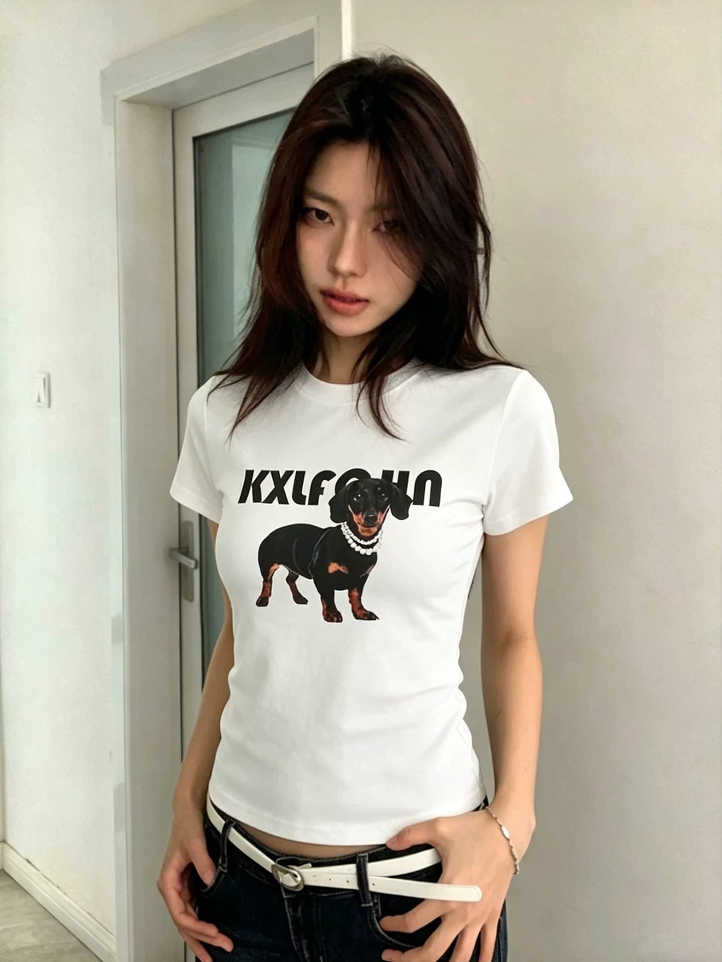 진주 목걸이 닥스 훈트 재미있는 프린트 아메리칸 레트로 남녀 반팔 라운드 넥 티셔츠 상세 이미지 5