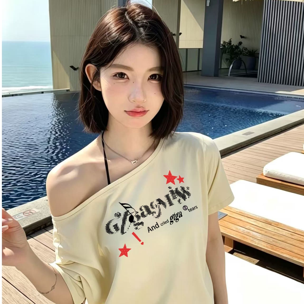 아메리칸 레트로 핫걸 알파벳 프린트 보트넥 오프숄더 반팔 티셔츠 여성 여름 새로운 섹시함 백리스 맨위 이미지 5