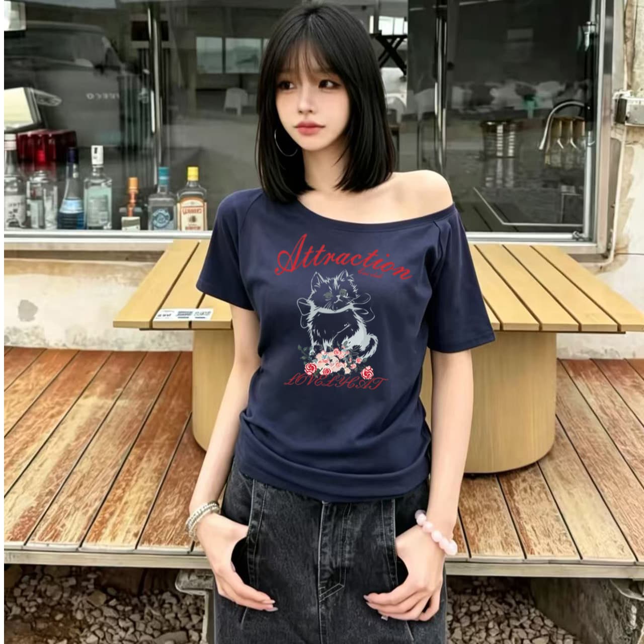 아메리칸 달콤한 차가운 바람 태양신 프린트 반팔 긍정적 인 어깨 티셔츠 여성 여름 몸매 가꾸기 슬림해 보이는 핫걸 화이트 맨위 상세 이미지 1