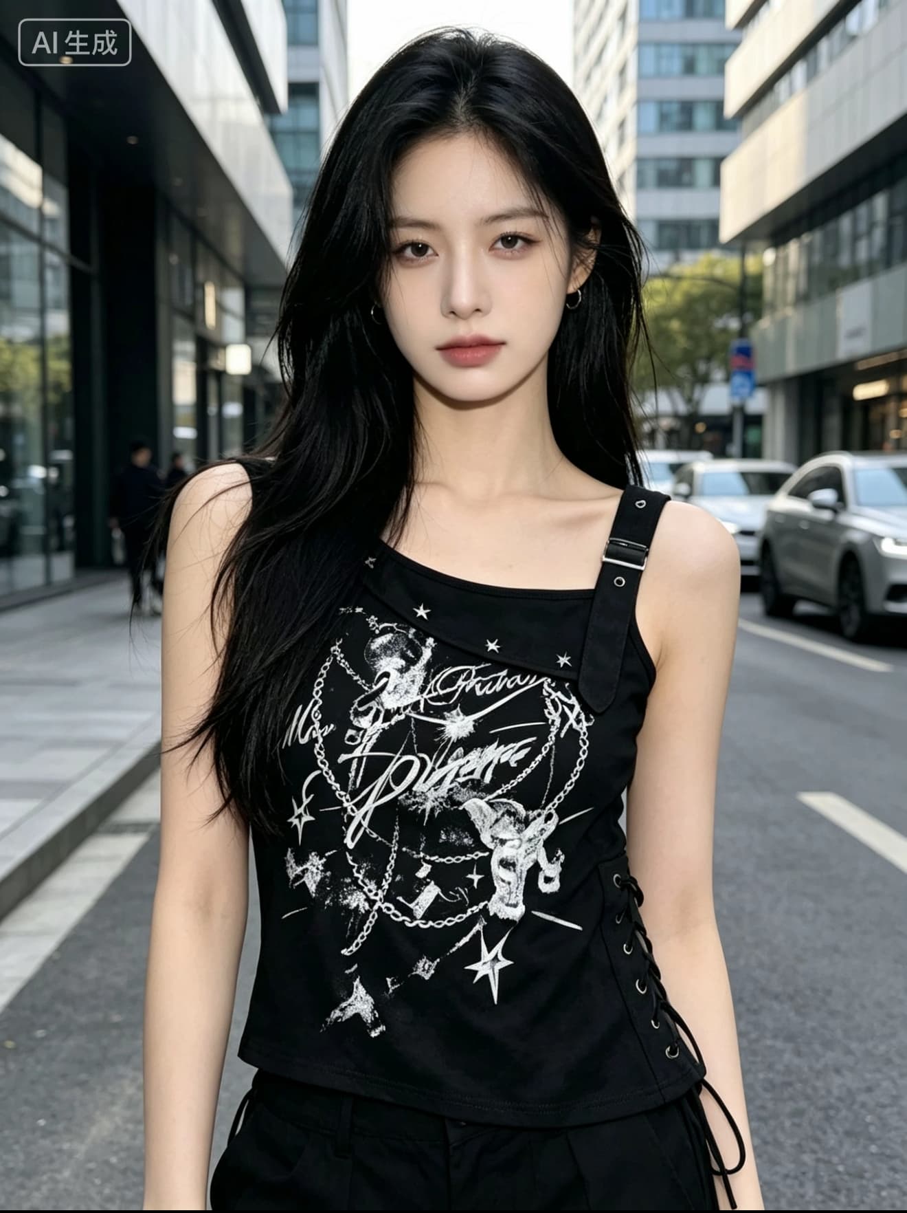 y2k 달콤한 차가운 바람 낙서 프린트 조끼 핫걸 비스듬한 어깨 슬립 측면 스트랩 허리 수축 디자인 센스 외출용 맨위