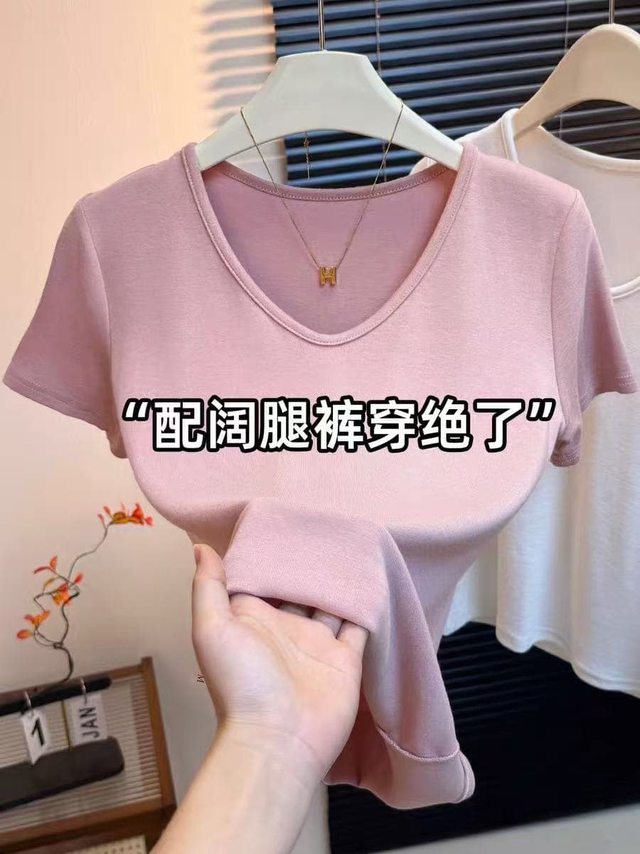 단색 신축성 V넥 반팔 티셔츠 여성 여름 미니멀리즘 부드럽다 편안함 자이언트 슬림해 보이는 맨위 패션 다용도 티셔츠 상세 이미지 1