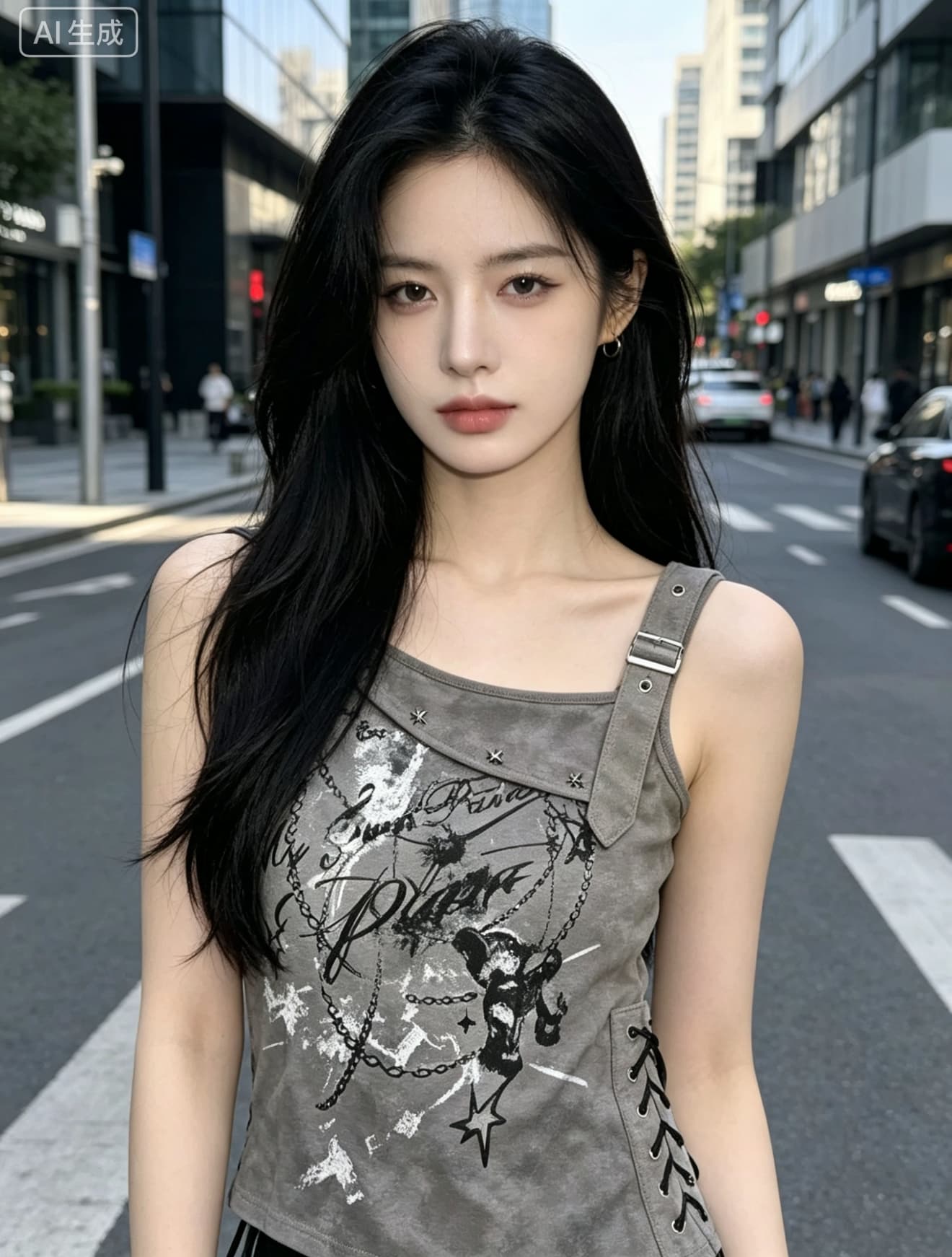 y2k 달콤한 차가운 바람 낙서 프린트 조끼 핫걸 비스듬한 어깨 슬립 측면 스트랩 허리 수축 디자인 센스 외출용 맨위 상세 이미지 3