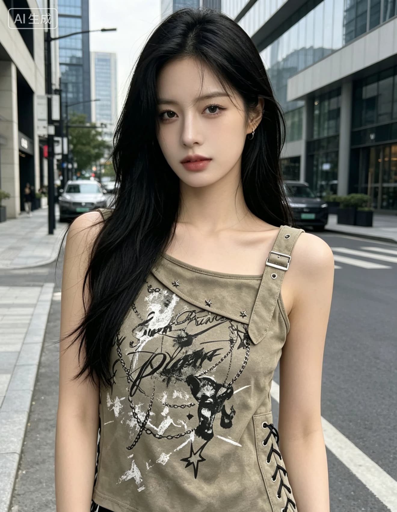y2k 달콤한 차가운 바람 낙서 프린트 조끼 핫걸 비스듬한 어깨 슬립 측면 스트랩 허리 수축 디자인 센스 외출용 맨위 상세 이미지 4