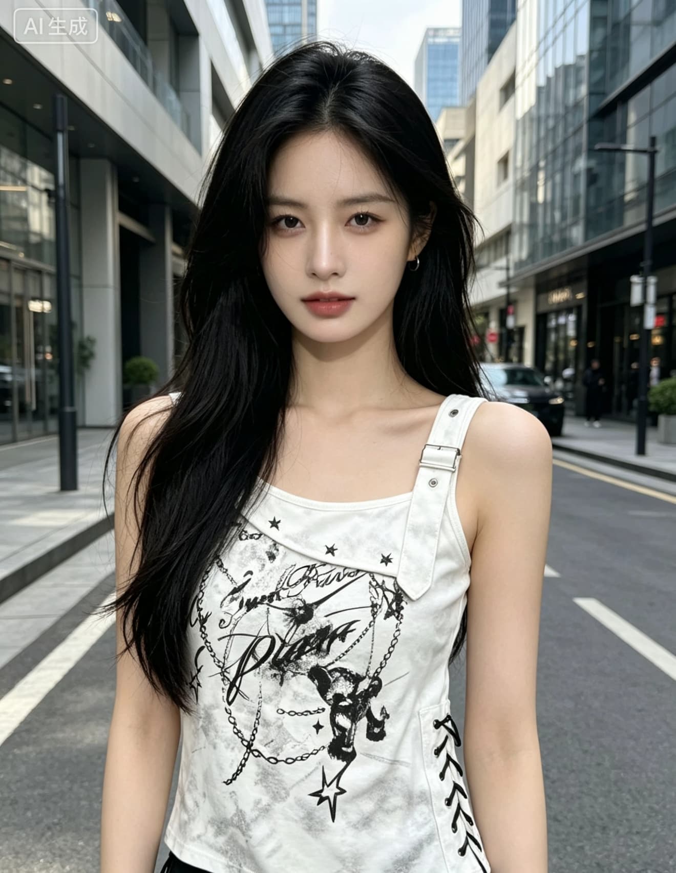 y2k 달콤한 차가운 바람 낙서 프린트 조끼 핫걸 비스듬한 어깨 슬립 측면 스트랩 허리 수축 디자인 센스 외출용 맨위 상세 이미지 5