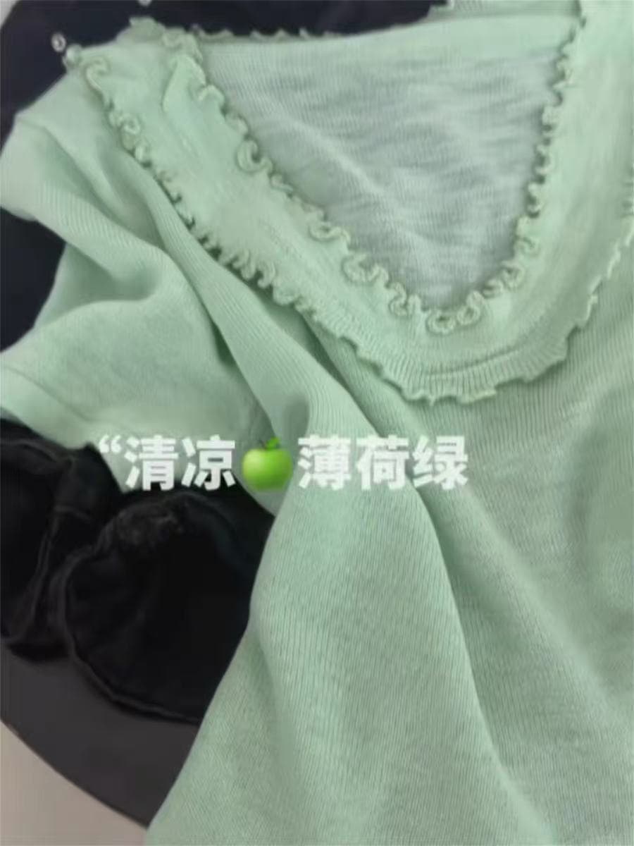 프릴 레이스 칼라 구덩이 기사 니트 스웨터 여성 2026 여름 새로운 품격 부드러운 바람 얇은 스타일 얼음 실크 작은 맨위 이미지 4