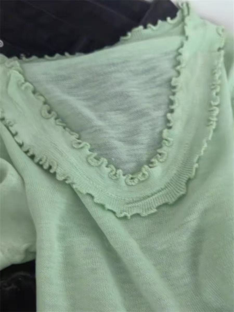 프릴 레이스 칼라 구덩이 기사 니트 스웨터 여성 2026 여름 새로운 품격 부드러운 바람 얇은 스타일 얼음 실크 작은 맨위 상세 이미지 5