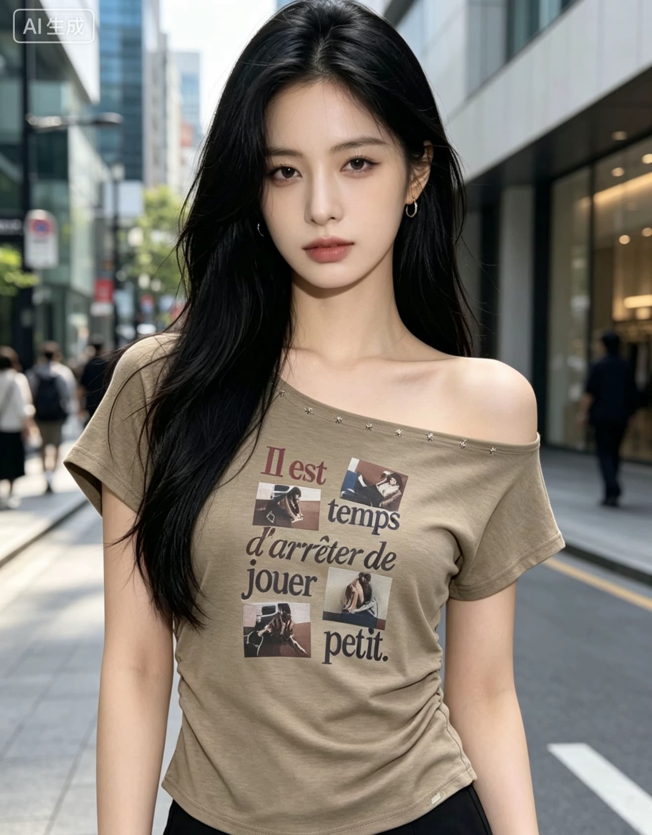 한국 스타일 여름 새로운 아메리칸 핫걸 초상화 프린트 루즈핏 슬림해 보이는 비스듬한 칼라 오프숄더 반팔 티셔츠 여성 셔츠 상세 이미지 2