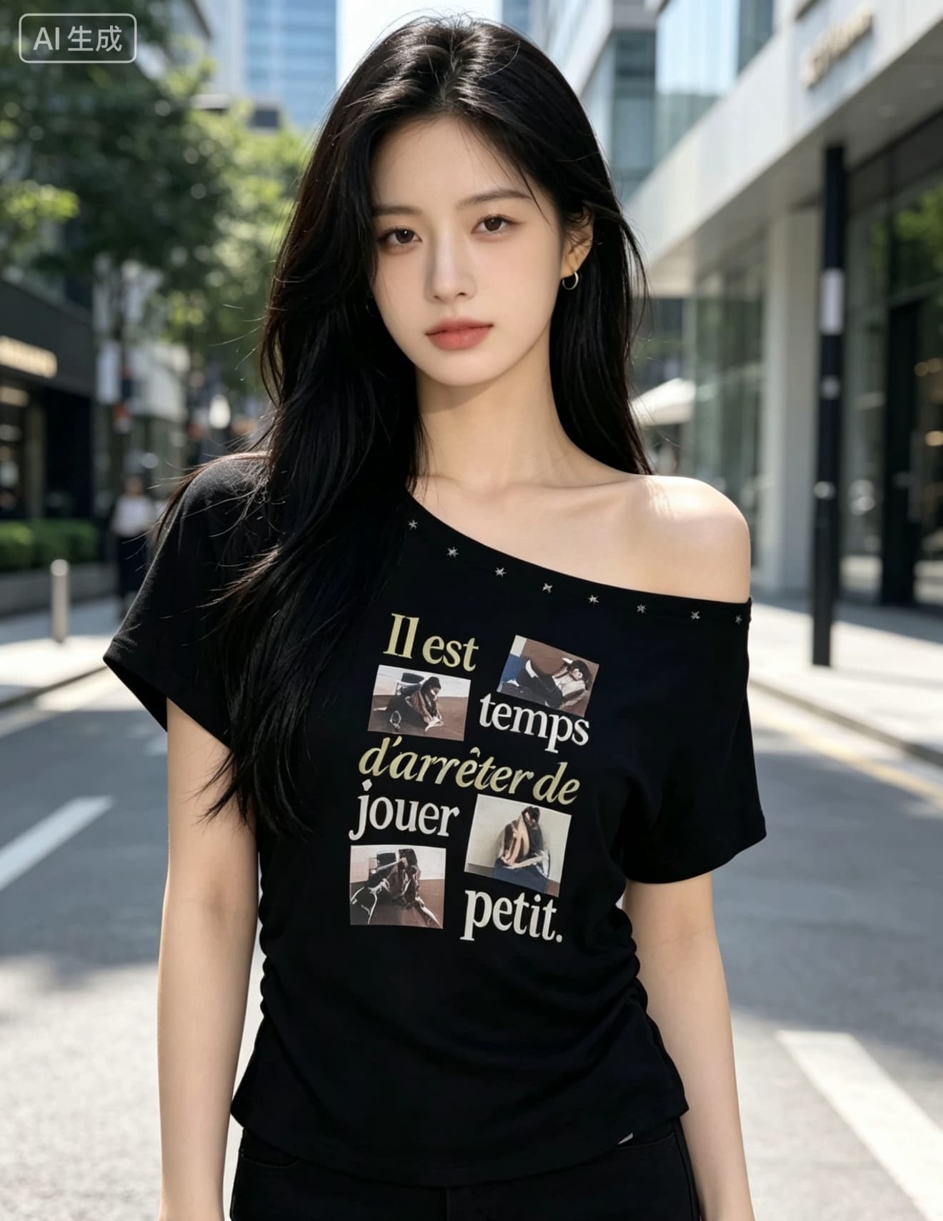 한국 스타일 여름 새로운 아메리칸 핫걸 초상화 프린트 루즈핏 슬림해 보이는 비스듬한 칼라 오프숄더 반팔 티셔츠 여성 셔츠 상세 이미지 3