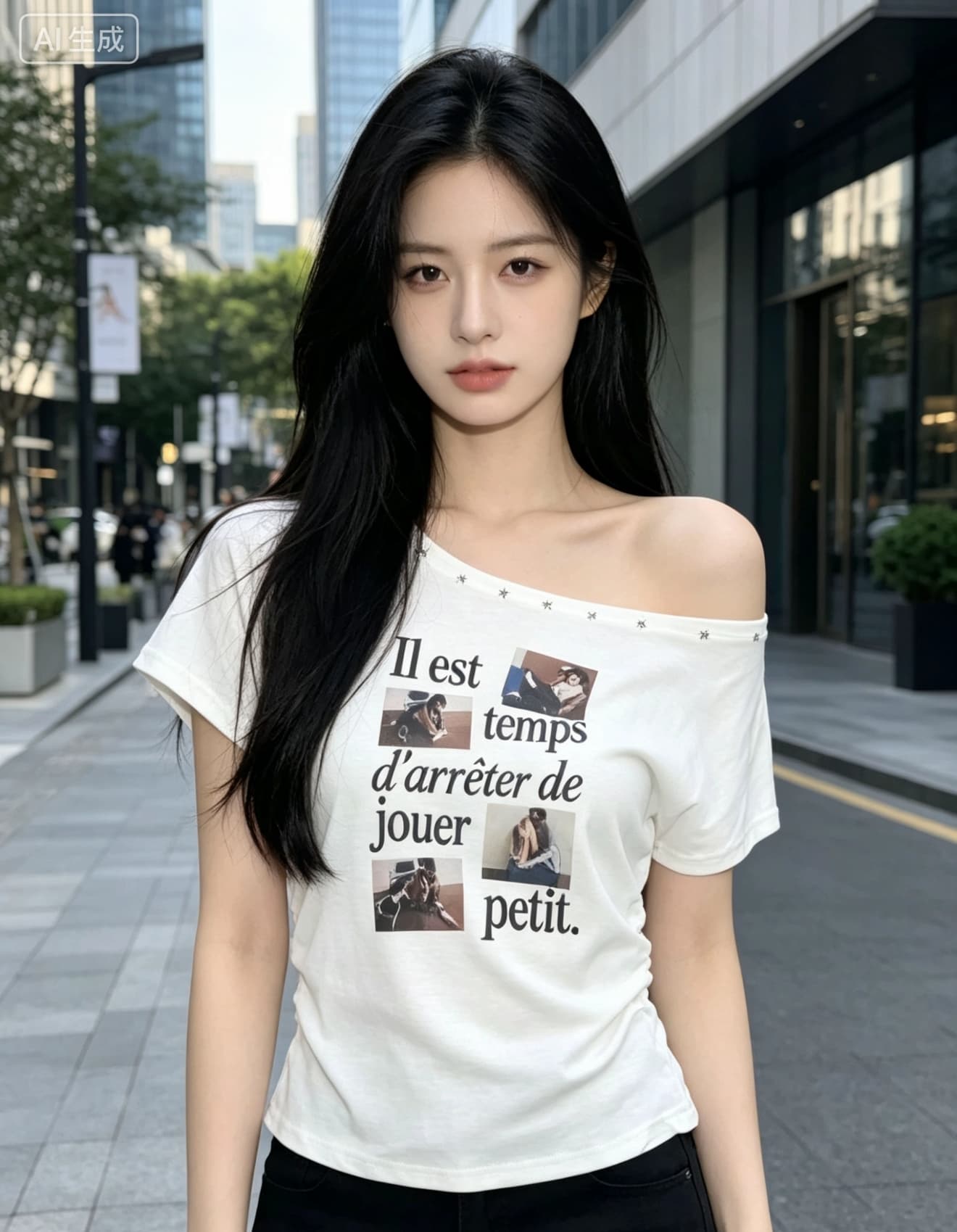 한국 스타일 여름 새로운 아메리칸 핫걸 초상화 프린트 루즈핏 슬림해 보이는 비스듬한 칼라 오프숄더 반팔 티셔츠 여성 셔츠 상세 이미지 5