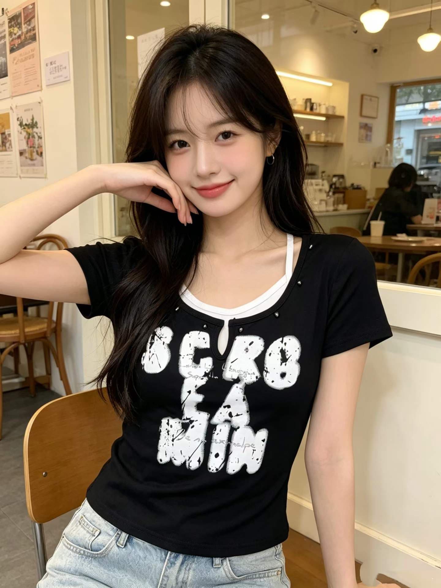 알파벳 프린트 페이크 레이어드 행침 목 반팔 티셔츠 여성 여름 새로운 한 부서 디자인 센스 작은 대중 핫걸 몸매 가꾸기 맨위 이미지 2