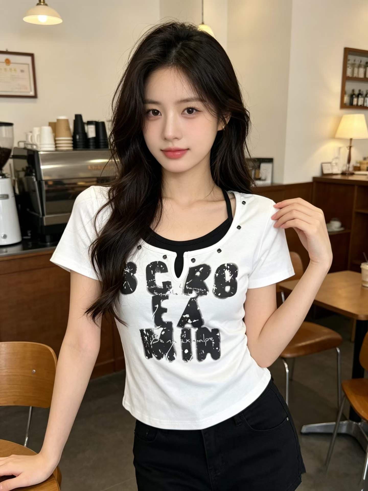 알파벳 프린트 페이크 레이어드 행침 목 반팔 티셔츠 여성 여름 새로운 한 부서 디자인 센스 작은 대중 핫걸 몸매 가꾸기 맨위 상세 이미지 5