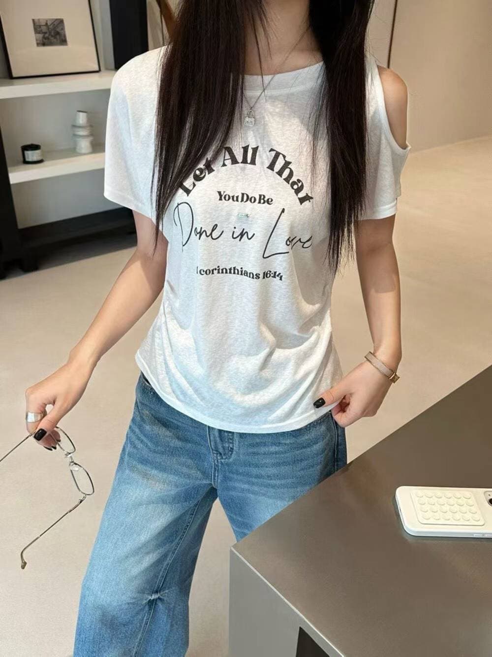 알파벳 프린트 반팔 티셔츠 여성 여름 루즈핏 다용도 캐주얼 맨위 얇은 스타일 라운드 넥 풀오버