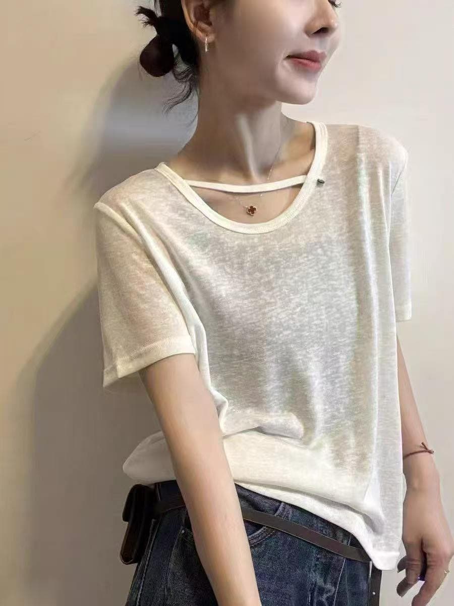 여름 패션 미니멀리즘 오프숄더 보트넥 단색 반팔 티셔츠 여성 한국 스타일 루즈핏 다용도 외국 가스 슬림해 보이는 맨위 상세 이미지 4