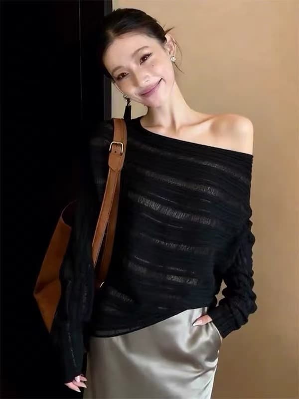 여름 레트로 달콤한 핫걸 검정색 비스듬한 어깨 자외선 차단 블라우스 얇은 맨위 자이언트 잘 생긴 루즈핏 슬림해 보이는 긴팔 티셔츠 여성