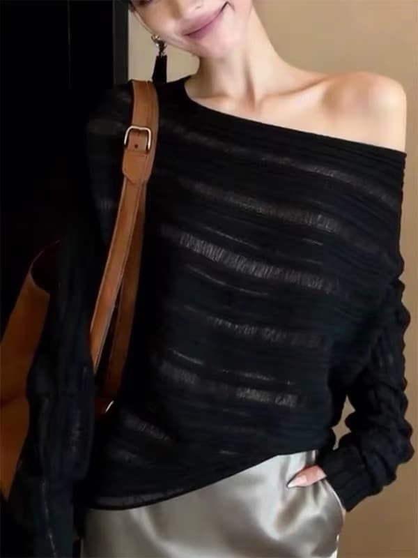여름 레트로 달콤한 핫걸 검정색 비스듬한 어깨 자외선 차단 블라우스 얇은 맨위 자이언트 잘 생긴 루즈핏 슬림해 보이는 긴팔 티셔츠 여성 이미지 3