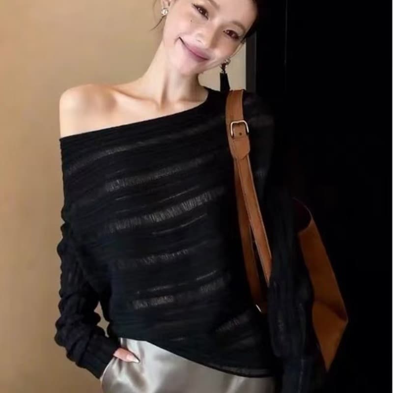 여름 레트로 달콤한 핫걸 검정색 비스듬한 어깨 자외선 차단 블라우스 얇은 맨위 자이언트 잘 생긴 루즈핏 슬림해 보이는 긴팔 티셔츠 여성 이미지 5