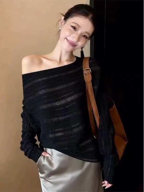 여름 레트로 달콤한 핫걸 검정색 비스듬한 어깨 자외선 차단 블라우스 얇은 맨위 자이언트 잘 생긴 루즈핏 슬림해 보이는 긴팔 티셔츠 여성 상세 이미지 5