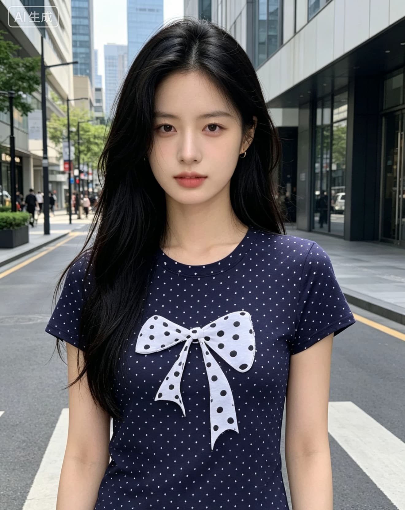 고급 센스 블루 색상 도트 무늬 프린트 긍정적 인 어깨 반팔 티셔츠 여성 여름 새로운 고유 한 아름다운 아니요 명중 섹션 맨위 상세 이미지 2