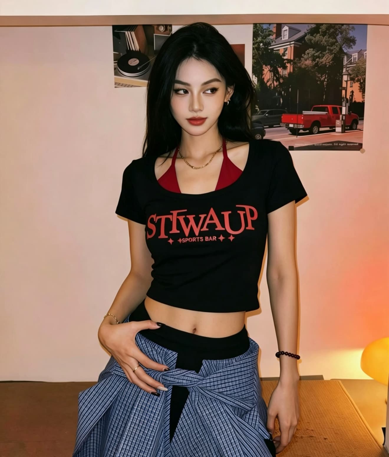 핫걸 바람 페이크 레이어드 행침 목 레이스업 반팔 티셔츠 여성 여름 새로운 u 칼라 다용도 품격 맨위 이미지 3