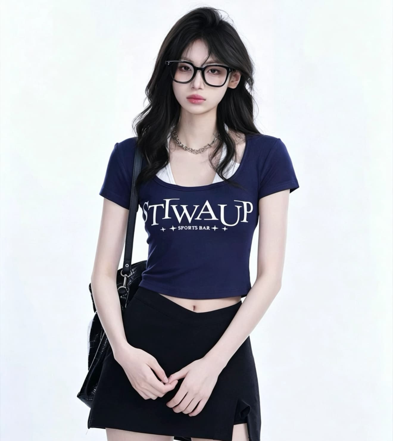 핫걸 바람 페이크 레이어드 행침 목 레이스업 반팔 티셔츠 여성 여름 새로운 u 칼라 다용도 품격 맨위 상세 이미지 2