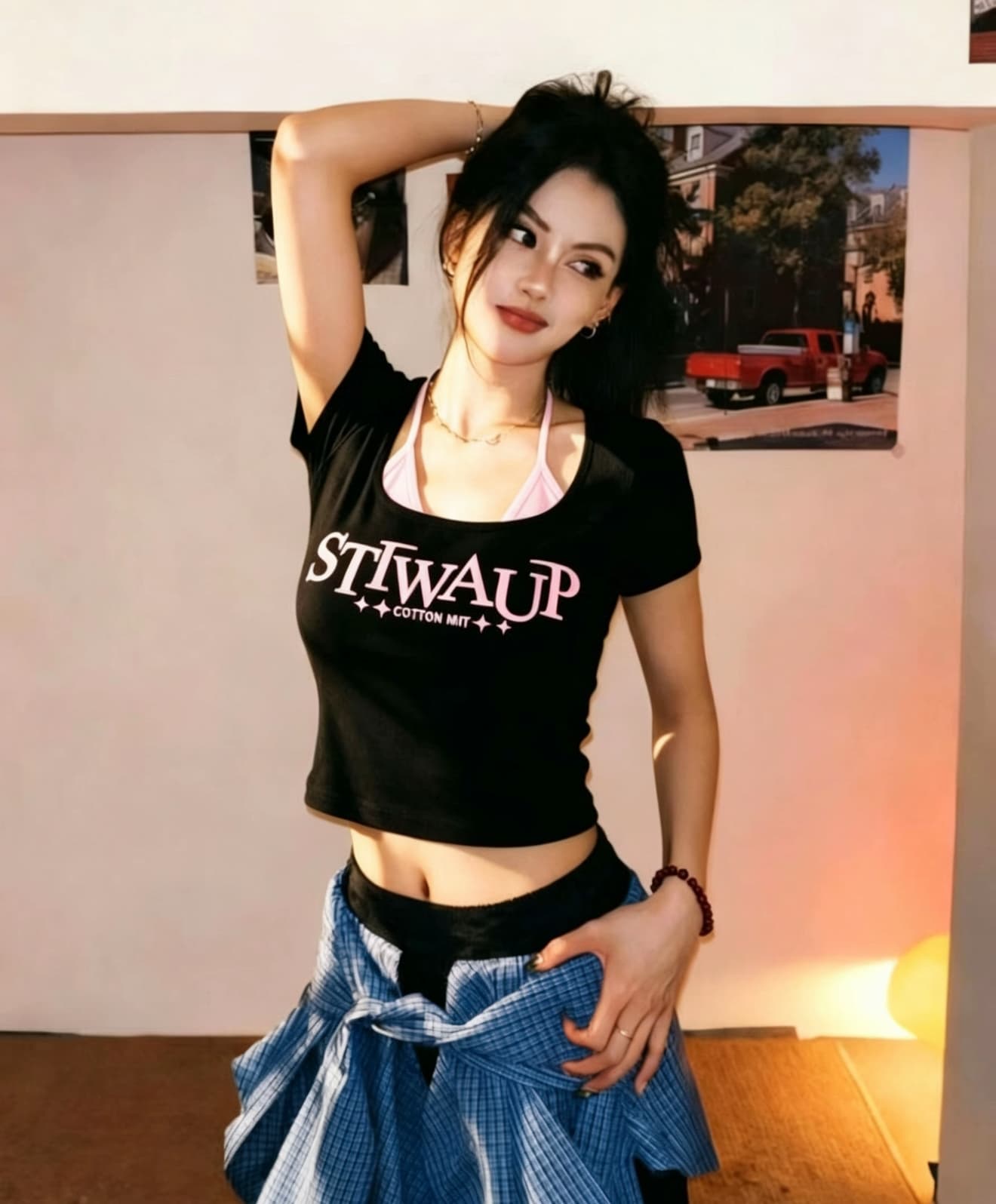 핫걸 바람 페이크 레이어드 행침 목 레이스업 반팔 티셔츠 여성 여름 새로운 u 칼라 다용도 품격 맨위 상세 이미지 7