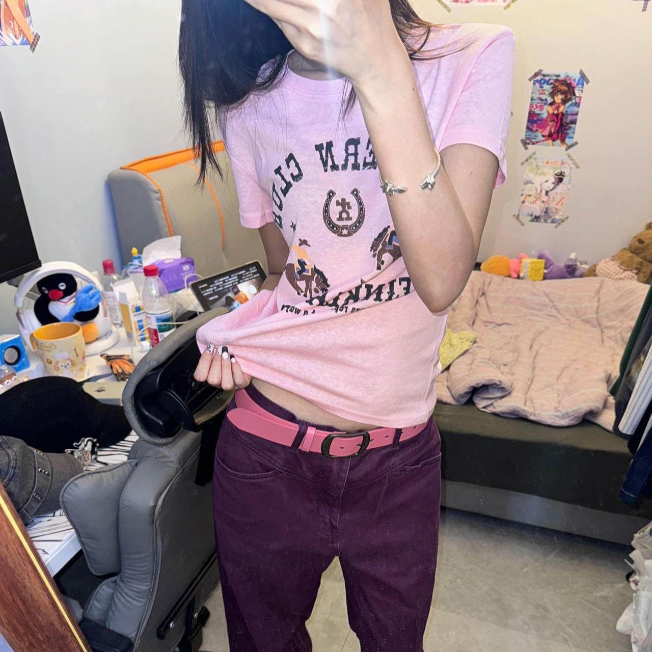 아메리칸 레트로 알파벳 프린트 반팔 티셔츠 여성 여름 몸매 가꾸기 슬림해 보이는 다용도 맨위 핫걸 바람 이미지 5