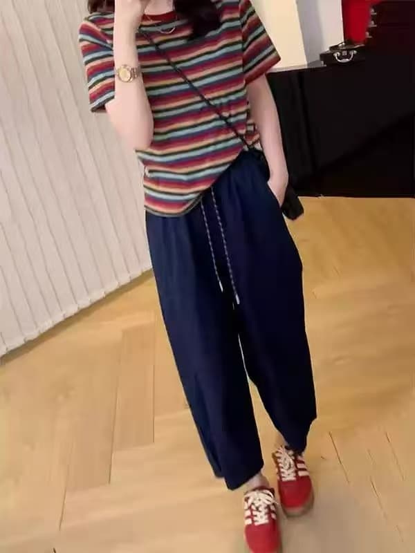 레트로 스트라이프 배색 라운드 넥 긍정적 인 어깨 반팔 티셔츠 여성 여름 느슨함 센스 품격 루즈핏 슬림해 보이는 다용도 맨위 상세 이미지 3