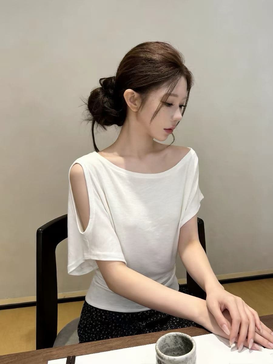 한 부서 화이트 오프숄더 반팔 티셔츠 여성 여름 보트넥 허리 수축 배트윙 소매 디자인 올해 인기 ~ 중 맨위 상세 이미지 3