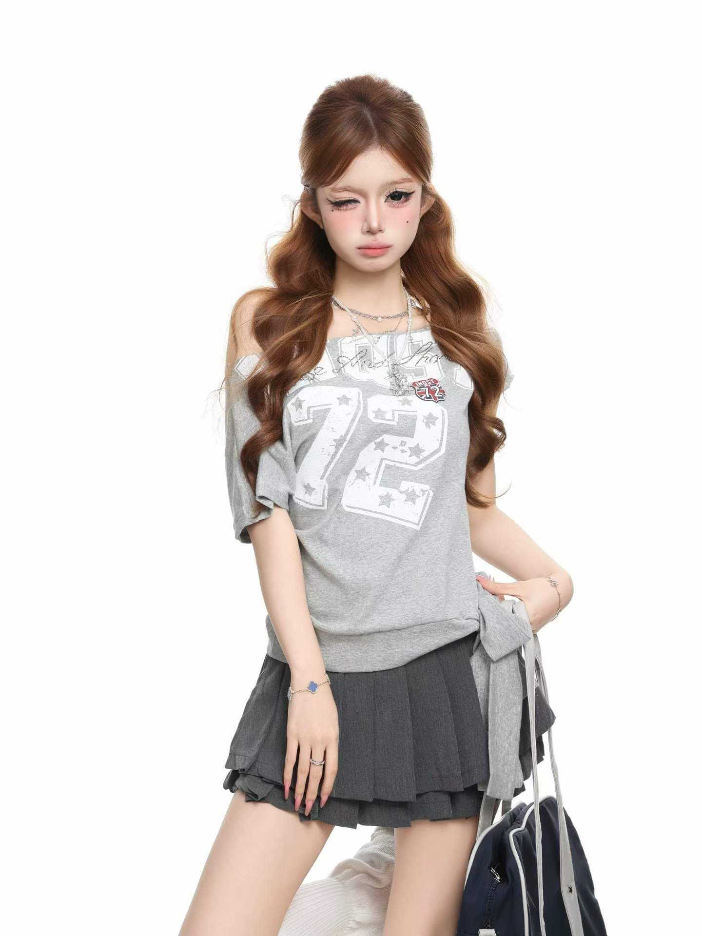 아메리칸 레트로 알파벳 프린트 비스듬한 어깨 반팔 티셔츠 여성 여름 핫걸 스트랩 디자인 센스 맨위 이미지 2