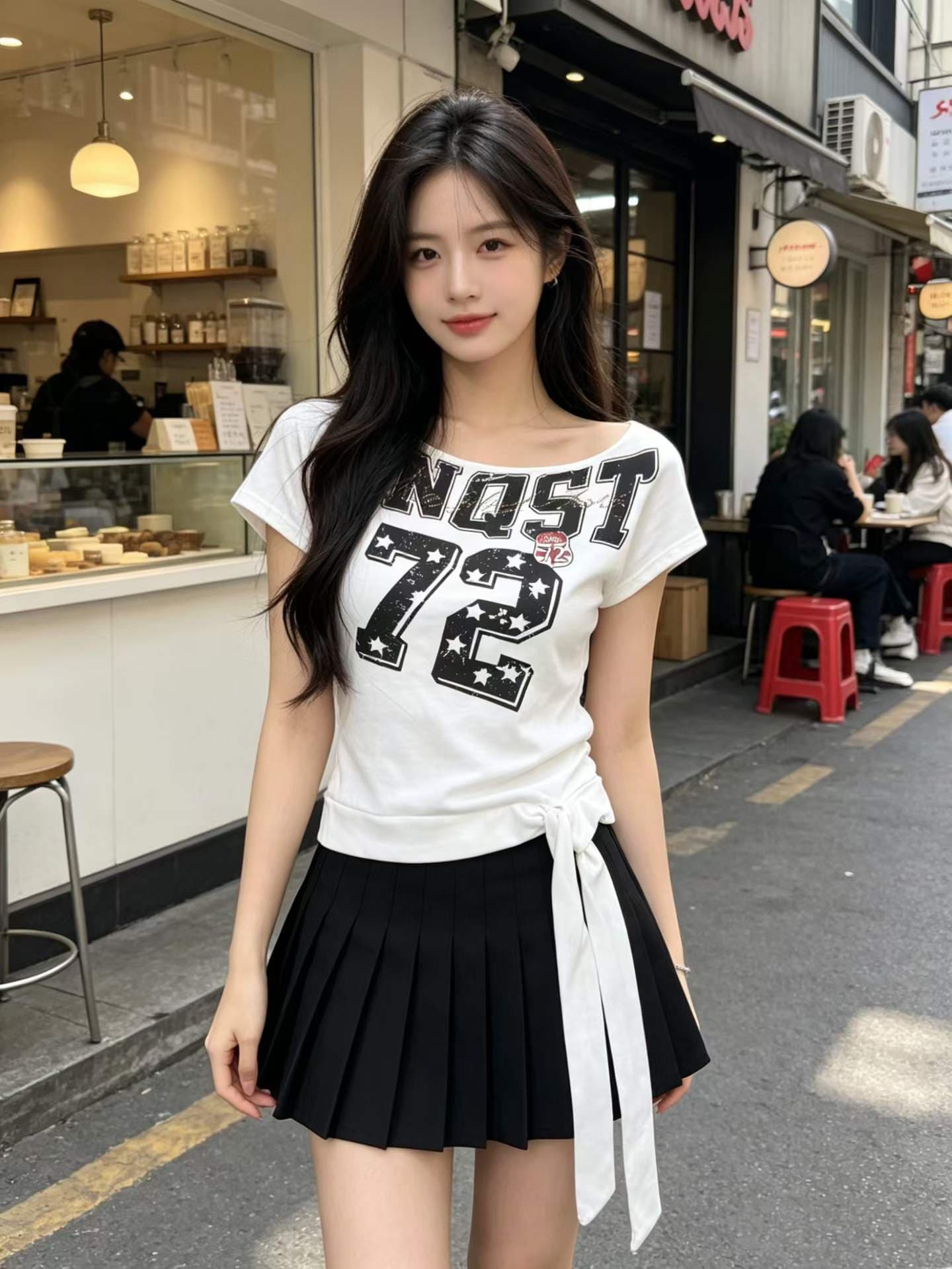 아메리칸 레트로 알파벳 프린트 비스듬한 어깨 반팔 티셔츠 여성 여름 핫걸 스트랩 디자인 센스 맨위 상세 이미지 2