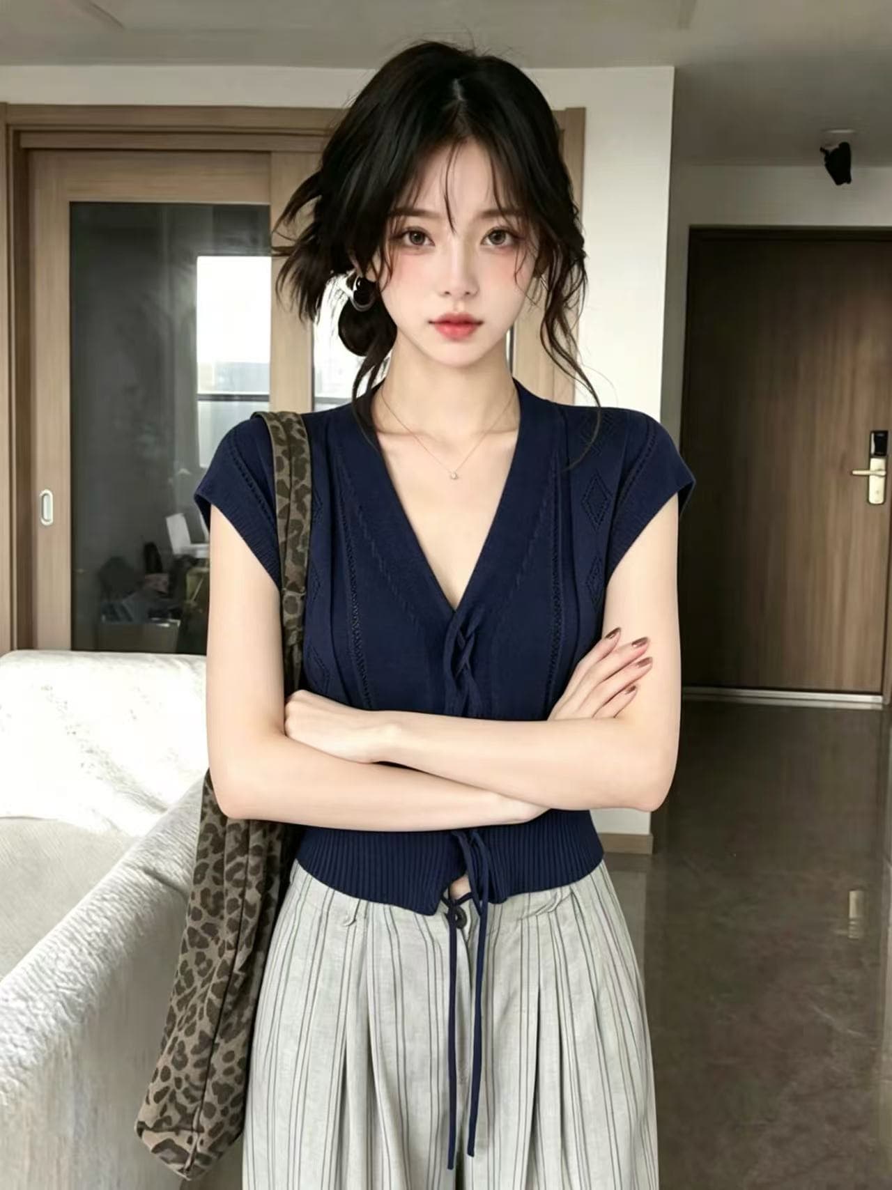 오래된 돈 바람 레트로 V넥 홀로우 아웃 반팔 외출용 조끼 여성 여름 새로운 얇은 스타일 고급 센스 품격 맨위 트렌디 상세 이미지 3