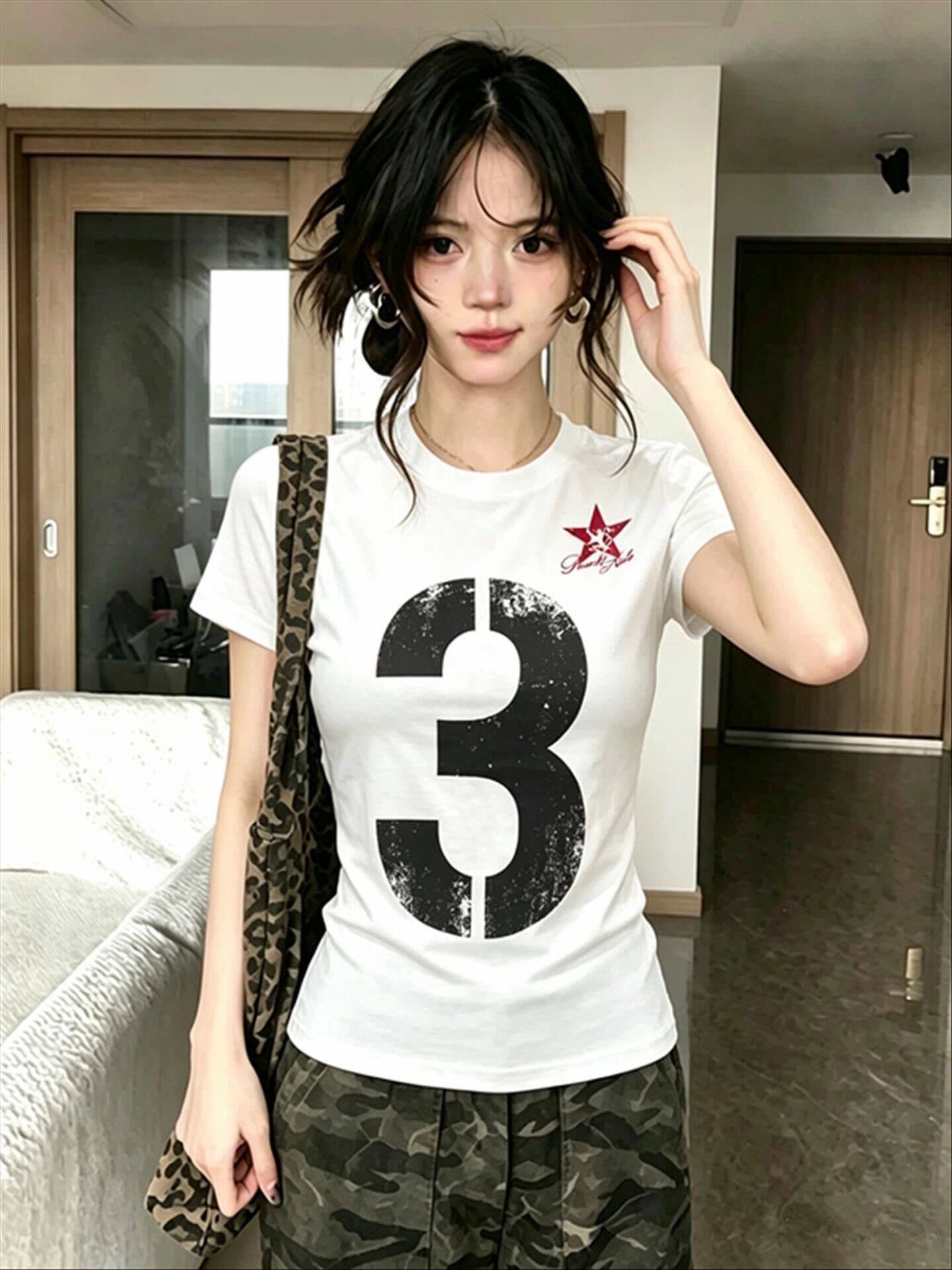 아메리칸 거리 화이트 숫자 프린트 반팔 티셔츠 여성 여름 새로운 몸매 가꾸기 슬림해 보이는 루즈핏 다용도 반소매 맨위