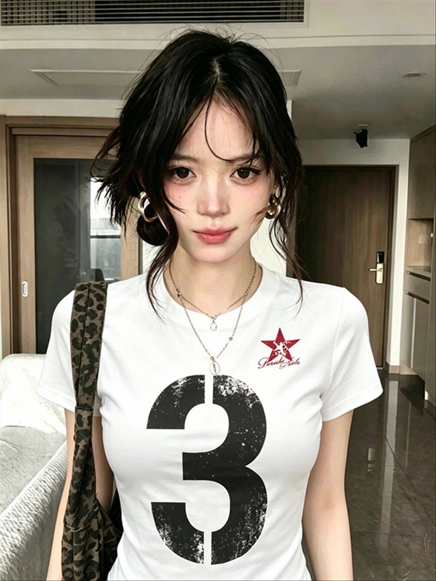 아메리칸 거리 화이트 숫자 프린트 반팔 티셔츠 여성 여름 새로운 몸매 가꾸기 슬림해 보이는 루즈핏 다용도 반소매 맨위 상세 이미지 2