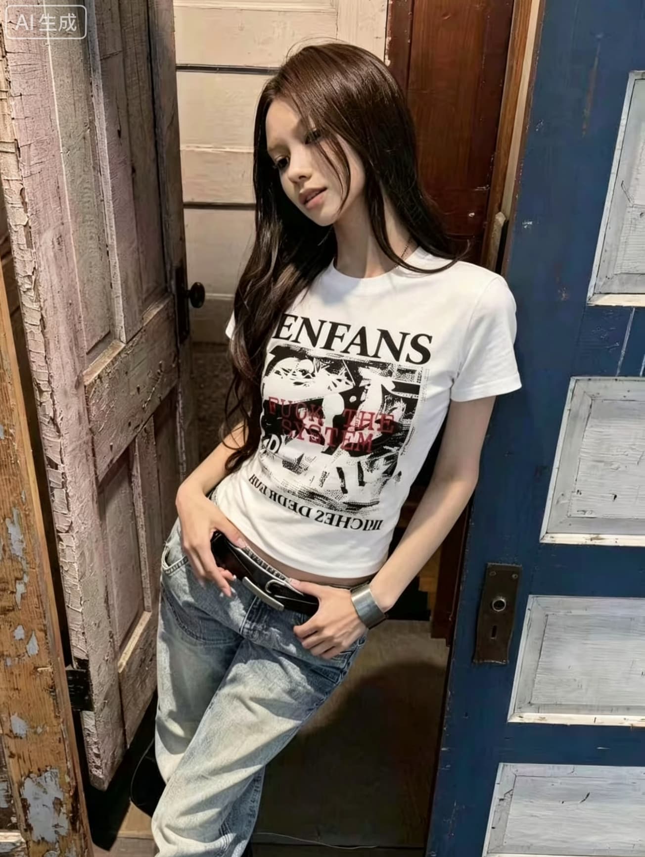 아메리칸 레트로 록 밴드 핫걸 반팔 티셔츠 여성 여름 고급 센스 chic Chic 긍정적 인 어깨 몸매 가꾸기 맨위 상세 이미지 3