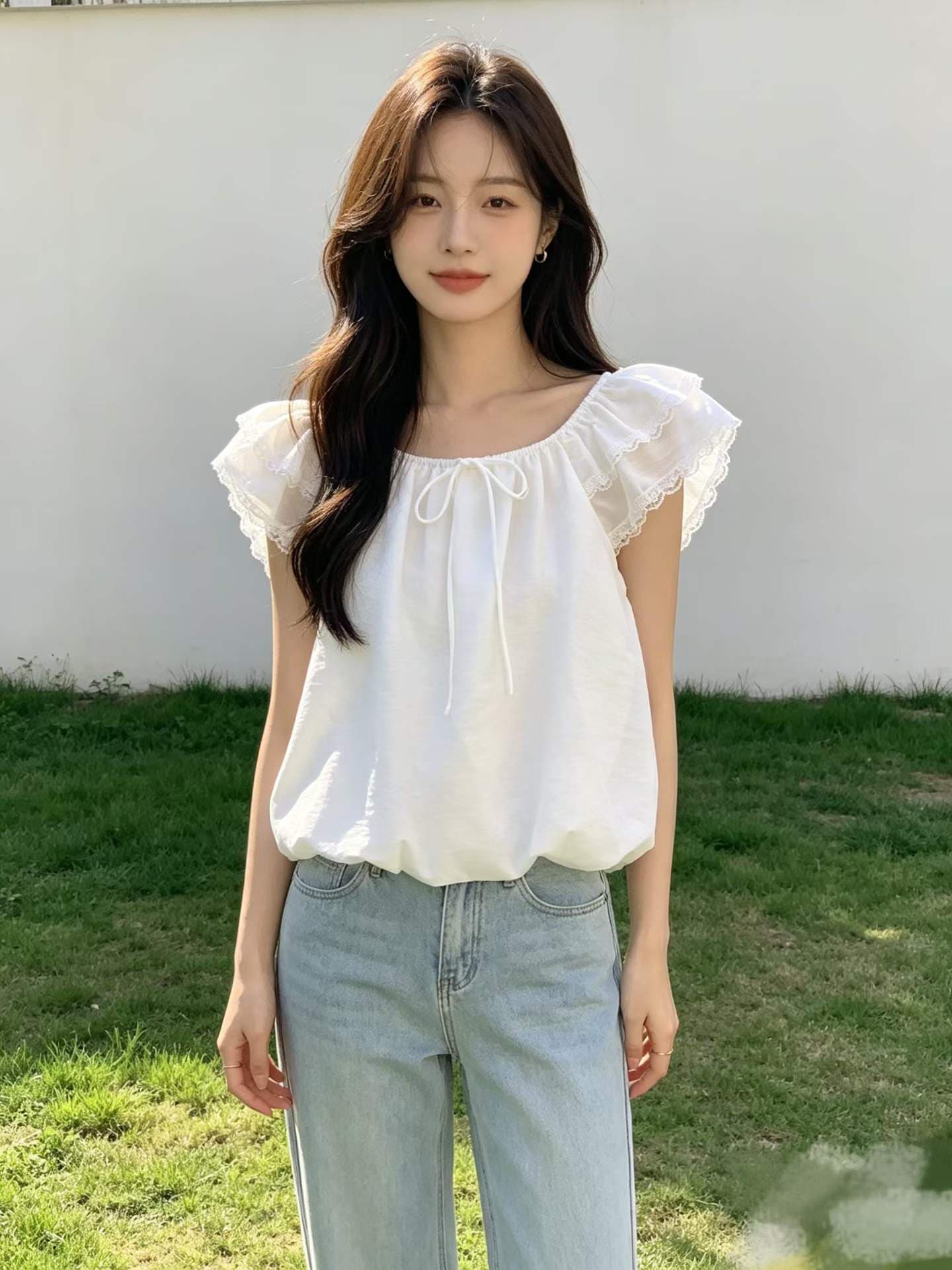 여성 의류 달콤한 핫걸 오프숄더 Feifei 소매 반팔 티셔츠 여성 레이스 측면 디자인 센스 맨위 상세 이미지 6